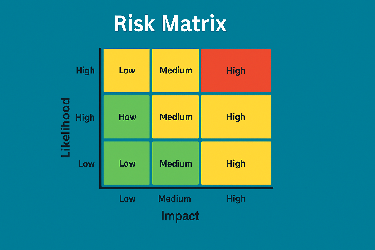 A three-by-three probability-impact risk matrix with likelihood on the vertical axis and impact on the horizontal axis, showing color-coded risk zones from green at low risk through yellow at medium risk to red at high risk